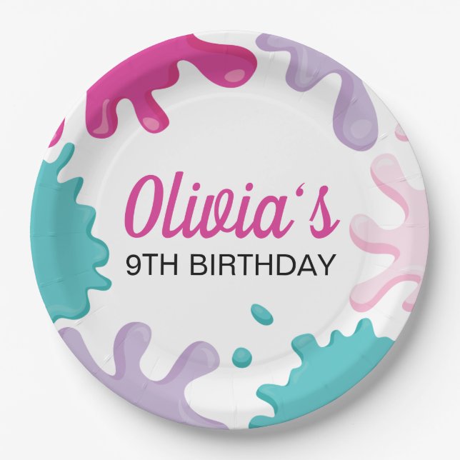 Prato De Papel Festa de aniversário de lodo rosa (Frente)