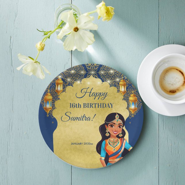 Prato De Papel Festa de aniversario de meninas de estilo indiano  (Indian style girls birthday party printed template paper plates personalized table decor blue gold)