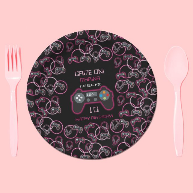 Prato De Papel Festa de aniversario de meninas Neon Pink do Jogo  (Video Game Neon Pink Girls Birthday Party Paper Plates)