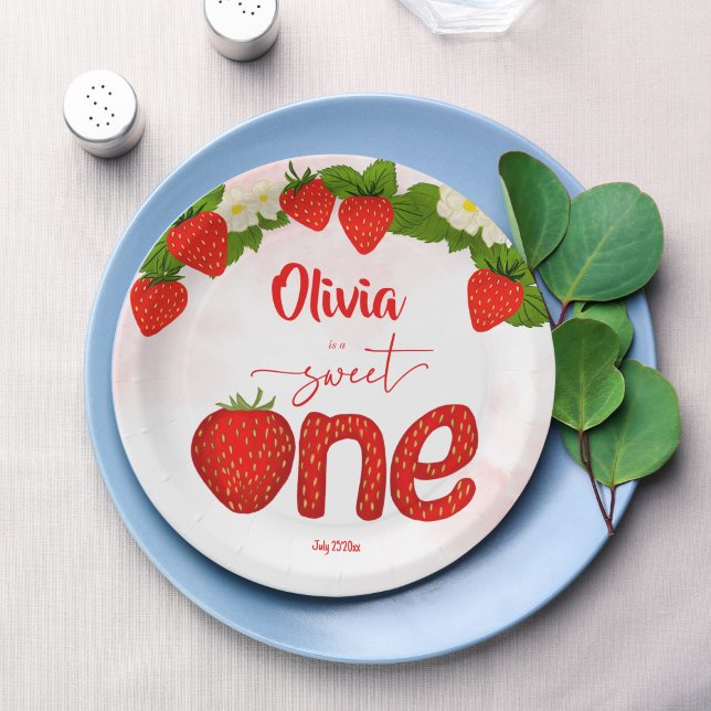 Prato De Papel Festa de aniversário de morango doce impressa (Sweet one strawberry birthday party printed paper plates template personalized tableware decor)