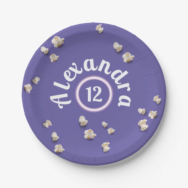 Prato De Papel Festa de aniversário De Pipoca Rosa E Roxo (Frente)