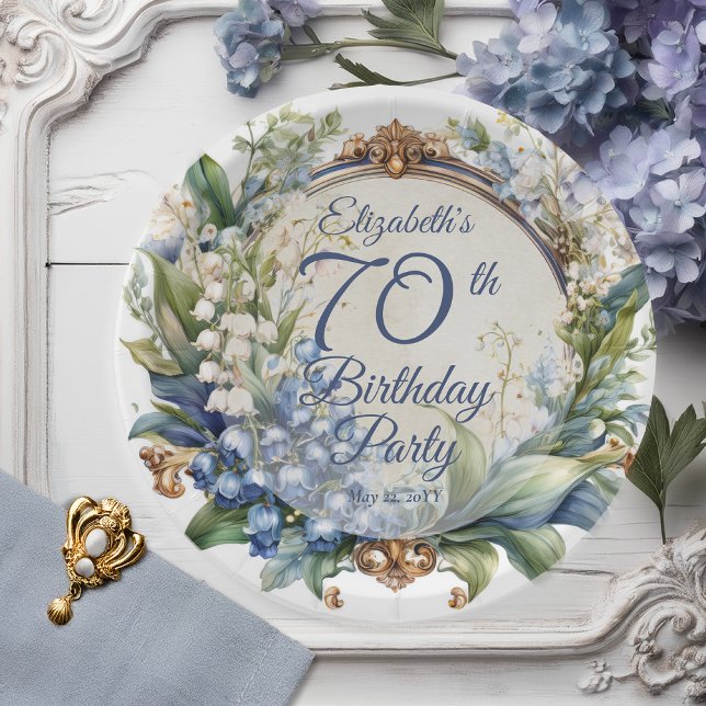 Prato De Papel Festa de aniversário de Quadro Floral Barroco Eleg (Elegant Baroque Lily of the Valley and Hawthorn Floral Frame 70th Birthday Party Paper Plates)