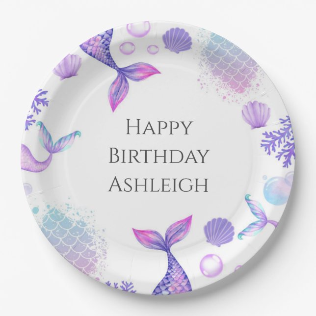 Prato De Papel Festa de aniversário de Sereia Roxa (Frente)