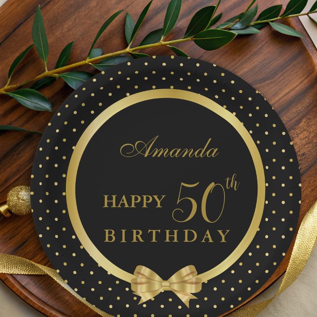 Prato De Papel Festa de aniversário de Surpresa Dourada e Preta E (Criador carregado)