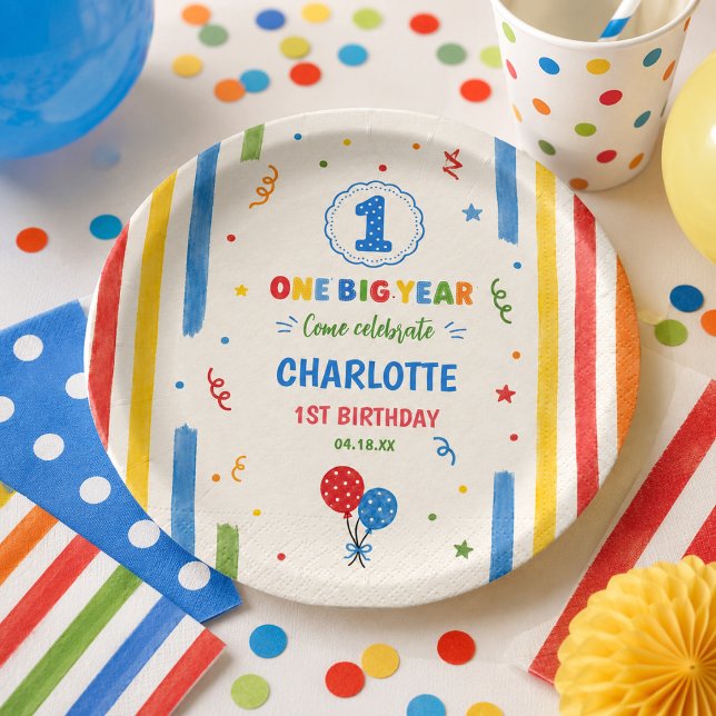 Prato De Papel Festa de Aniversário de Um Ano Bold Rainbow (Bold Rainbow One Big Year 1st Birthday party Paper Plates
)