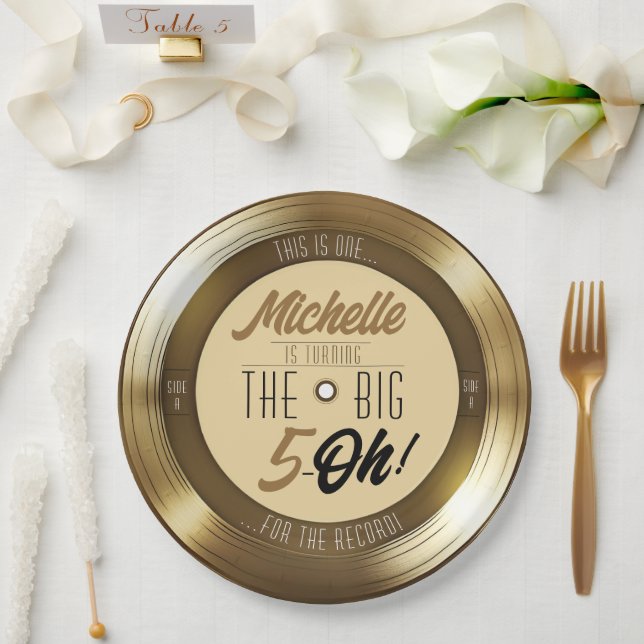 Prato De Papel Festa de aniversário de vinilo preto-e-Dourado ret (Casamento)