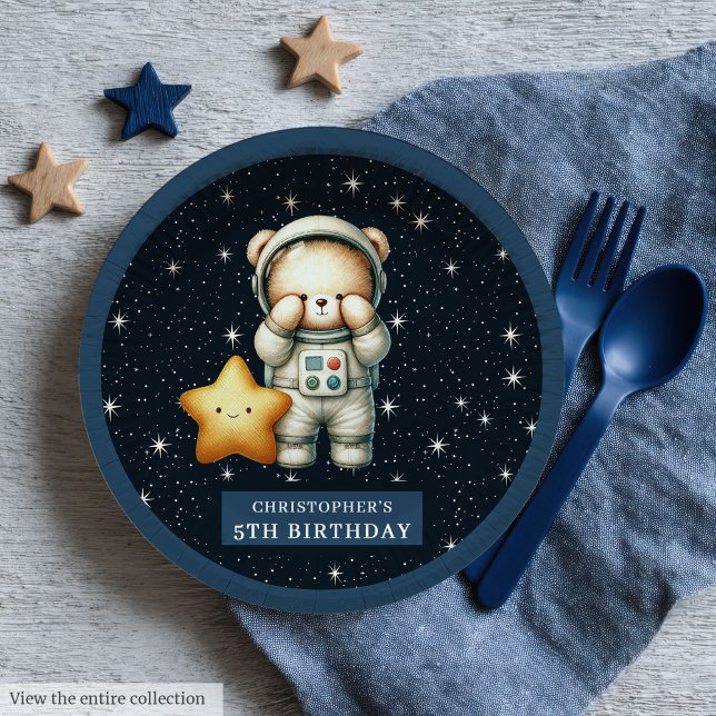 Prato De Papel Festa de aniversário do Astronauta do Urso de Tedd (Teddy Bear Astronaut Birthday Party Personalized Paper Plates)
