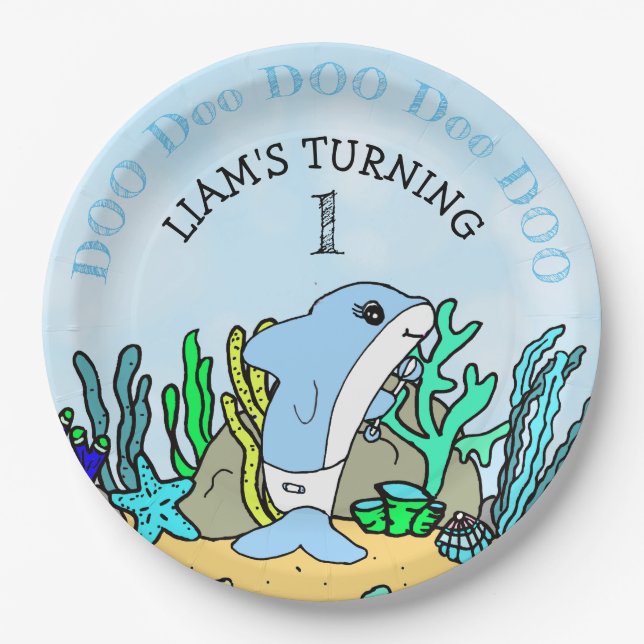 Prato De Papel Festa de aniversário do bebê tubarão (Frente)