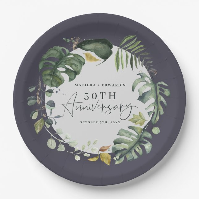 Prato De Papel Festa de aniversário do casamento da folha 50th da (Frente)