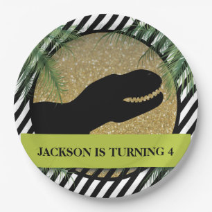 Prato De Papel Festa de aniversário do dinossauro listrada