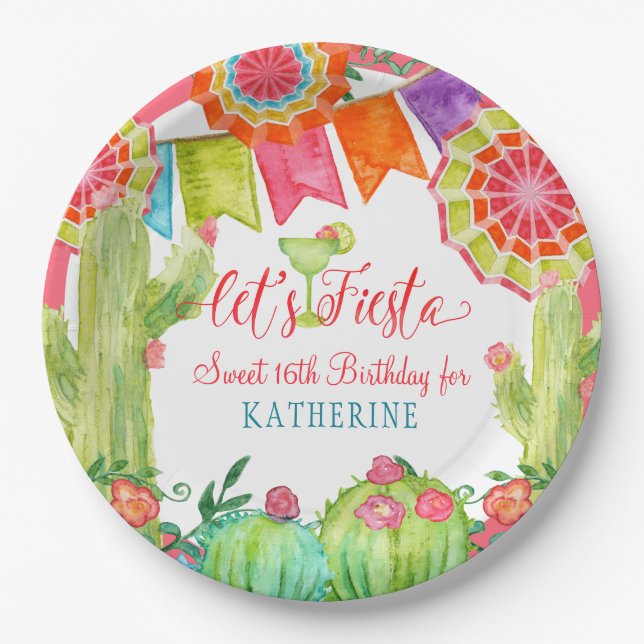 Prato De Papel Festa de aniversário do doce do rosa do cacto da (Frente)