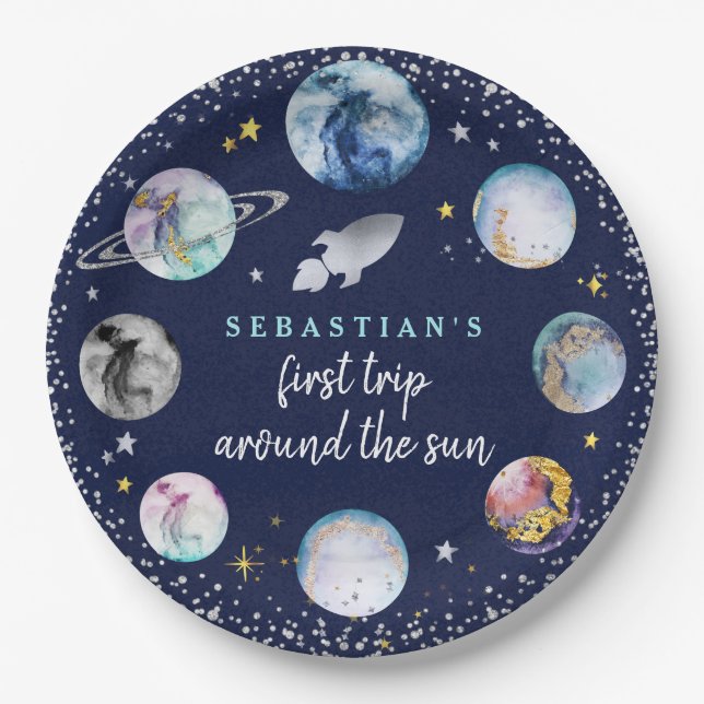 Prato De Papel Festa de aniversário Espacial Primeira Viagem Em T (Frente)