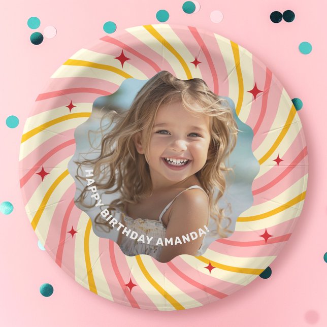 Prato De Papel Festa de aniversário feliz das estrelas vermelhas  (Retro pink sunburst red stars happy birthday party paper plates)