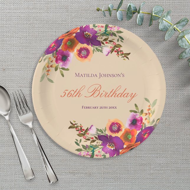 Prato De Papel Festa de aniversário Floral de Aquarela (Watercolor Floral Fall Birthday Party Paper Plates)