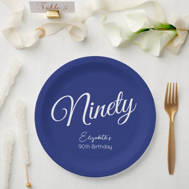 Prato De Papel Festa de aniversário Marinho Azul com 90 de Script (Casamento)
