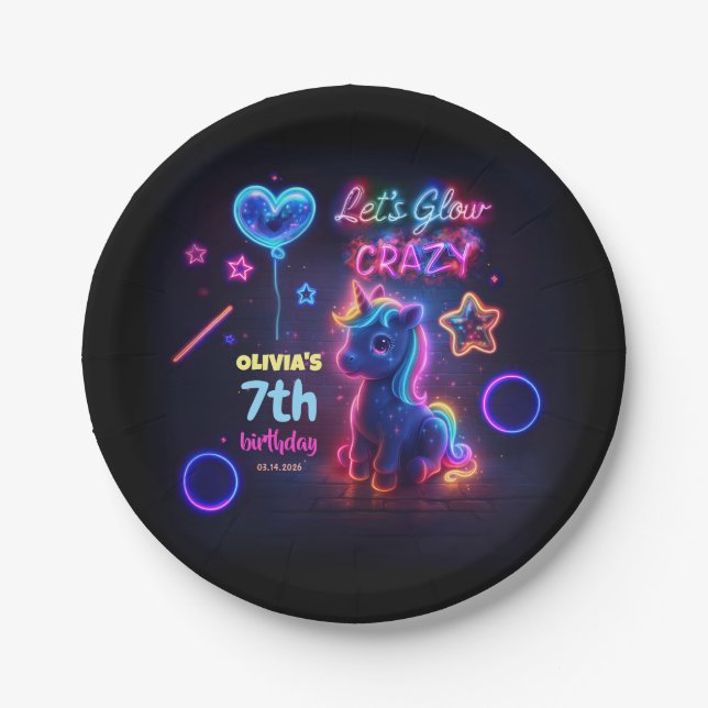 Prato De Papel Festa de aniversário Neon Unicorn brilhando maluco (Frente)