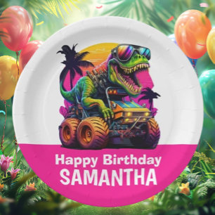 Prato De Papel Festa de aniversário PINK Dino-Mite MONSTER TRUCK