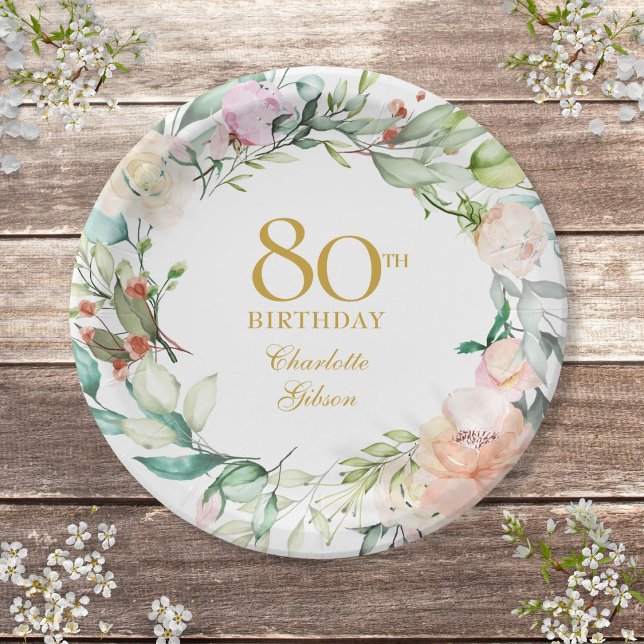 Prato De Papel Festa de aniversário Rosa de Garland 80 (Watercolor Roses Garland 80th Birthday Party Paper Plates)