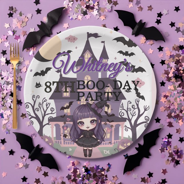 Prato De Papel Festa de aniversário Roxo da Menina (Spooky Girl Purple Birthday Party Paper Plates)