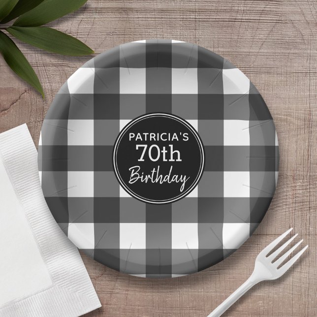 Prato De Papel Festa de aniversário Rustic Black & White Buffalo  (Personalized birthday plates and bowls with buffalo check pattern)