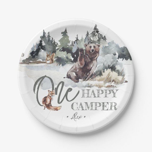 Prato De Papel Festa de aniversário Rustic One Happy Camper (Frente)