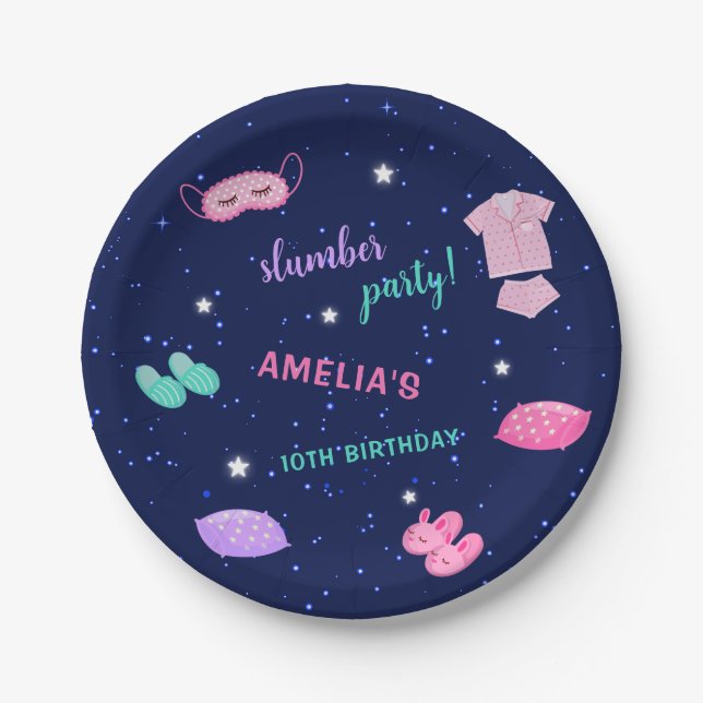 Prato De Papel Festa de aniversário Sleepover Sleepover Rosa Púrp (Frente)