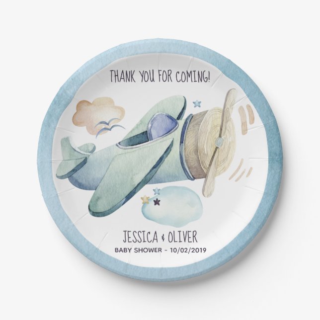 Prato De Papel Festa de Avião de Aquarela Azul (Frente)