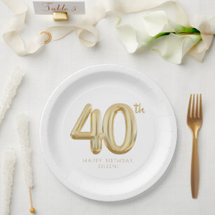 Prato De Papel Festa de Balão de Aniversário de 40 Anos Dourado
