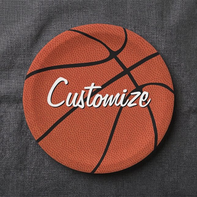 Prato De Papel Festa de Basquete / Nome da Equipe Personalizado p (Customizable basketball paper plates on tablecloth. Great for basketball parties and events!)