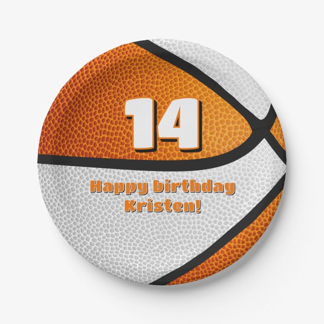 Prato De Papel festa de basquetebol branco laranja (Frente)