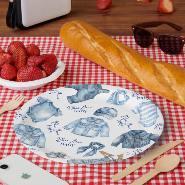 Prato De Papel Festa de Bebê com Tema de Denim Bebê Azul Moderno (Piquenique)