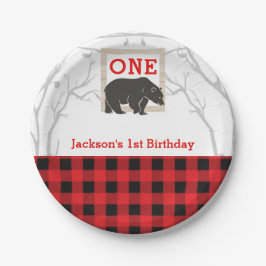 Prato De Papel Festa de Bebê de Xadrez de Urso Rústico Casamento