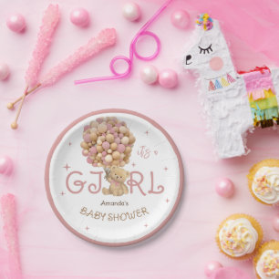 Prato De Papel Festa de Bebê Menina Boho Rosa com Balões de Urso