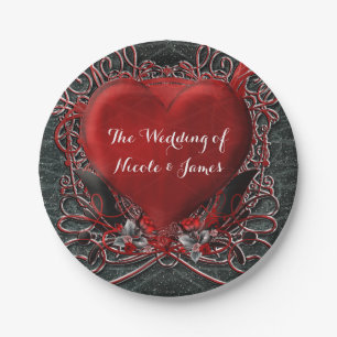 Prato De Papel Festa de casamento do Coração Vermelho e Rosas Gót