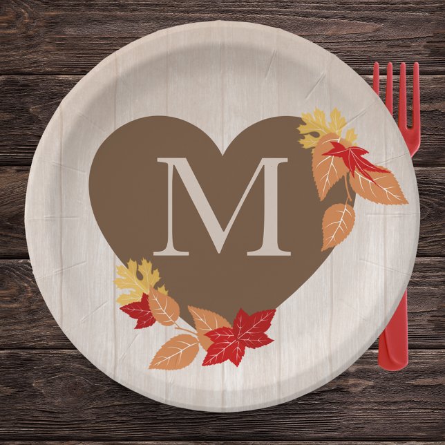 Prato De Papel Festa de Casamento ou Chá de Noiva com Monograma d (Fall Leaves Monogram Heart Paper Plates for Fall in Love Bridal Shower or Fall Wedding)