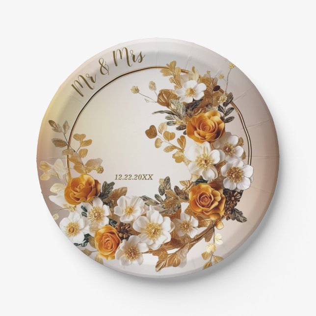 Prato De Papel Festa de casamento Ouro Laranja Flores Brancas Rus (Frente)