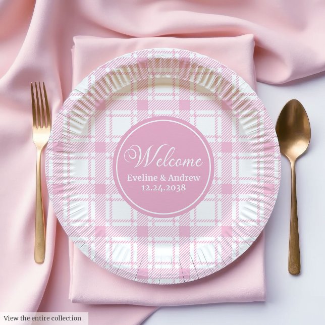Prato De Papel Festa de casamento Papel Placa Xadrez Rosa Nome Pe (Wedding Party Paper Plates Pink Plaid Custom Name)