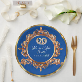 Prato De Papel Festa de casamento Personalizada Dourada e Azul