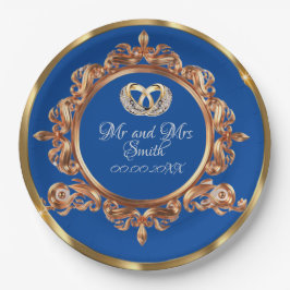Prato De Papel Festa de casamento Personalizada Dourada e Azul