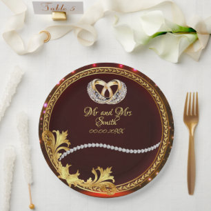 Prato De Papel Festa de casamento Personalizável de Ouros Vermelh