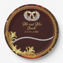 Prato De Papel Festa de casamento Personalizável de Ouros Vermelh