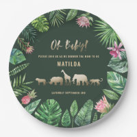 Festa de chá de bebê com folhagem tropical e anima