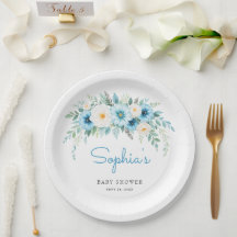 Festa de Chá de Bebê Elegante com Floral Azul Suav