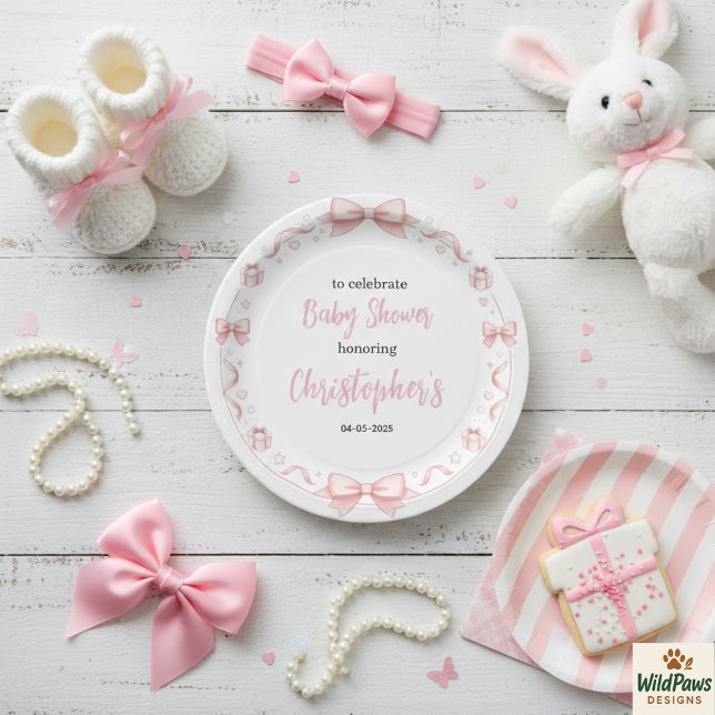 Prato De Papel Festa de Chá de Bebê Menina com Laço Rosa - Festa  (Pink Bow Girl Baby Shower – Cute & Fun Party Paper Plates
)