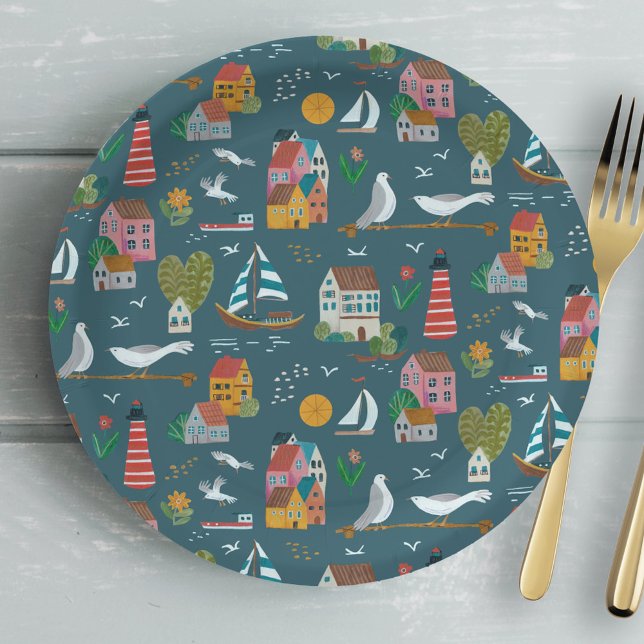 Prato De Papel Festa de chá de bebê menino padrão azul costeiro (Coastal boy baby shower party paper plates)