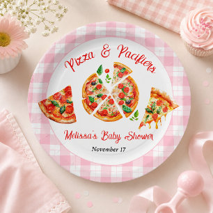 Prato De Papel Festa de Chá de Bebê Xadrez Rosa e Pizza com Chupe