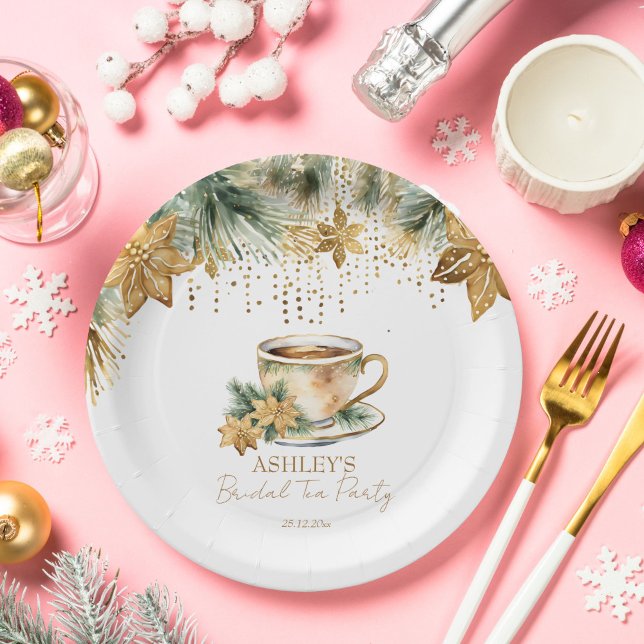 Prato De Papel Festa de chá de chá de panela de inverno de Boho (Boho Christmas winter bridal shower tea party tableware personalized Paper Plates gold poinsettia)