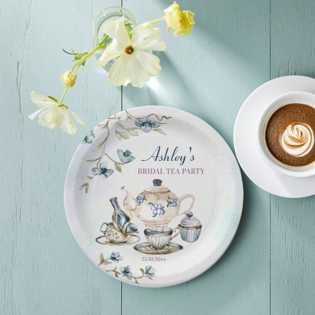 Prato De Papel Festa de chá de panela floral azul roxo (Blue purple floral bridal shower tea party monogrammed printed paper plates personalized table decor)