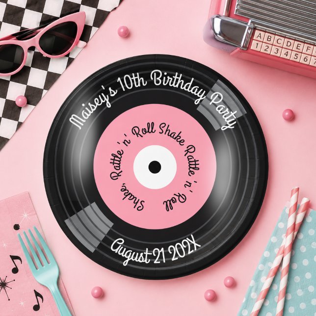 Prato De Papel Festa de Discos de Vinil Retrô (Pink retro vinyl album record paper plate)