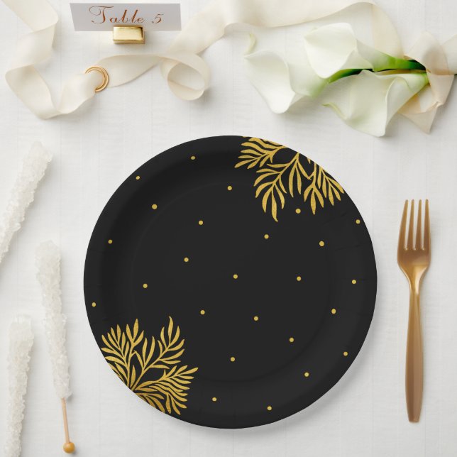 Prato De Papel Festa de Folhagem Dourada de Aniversário Elegante (Casamento)